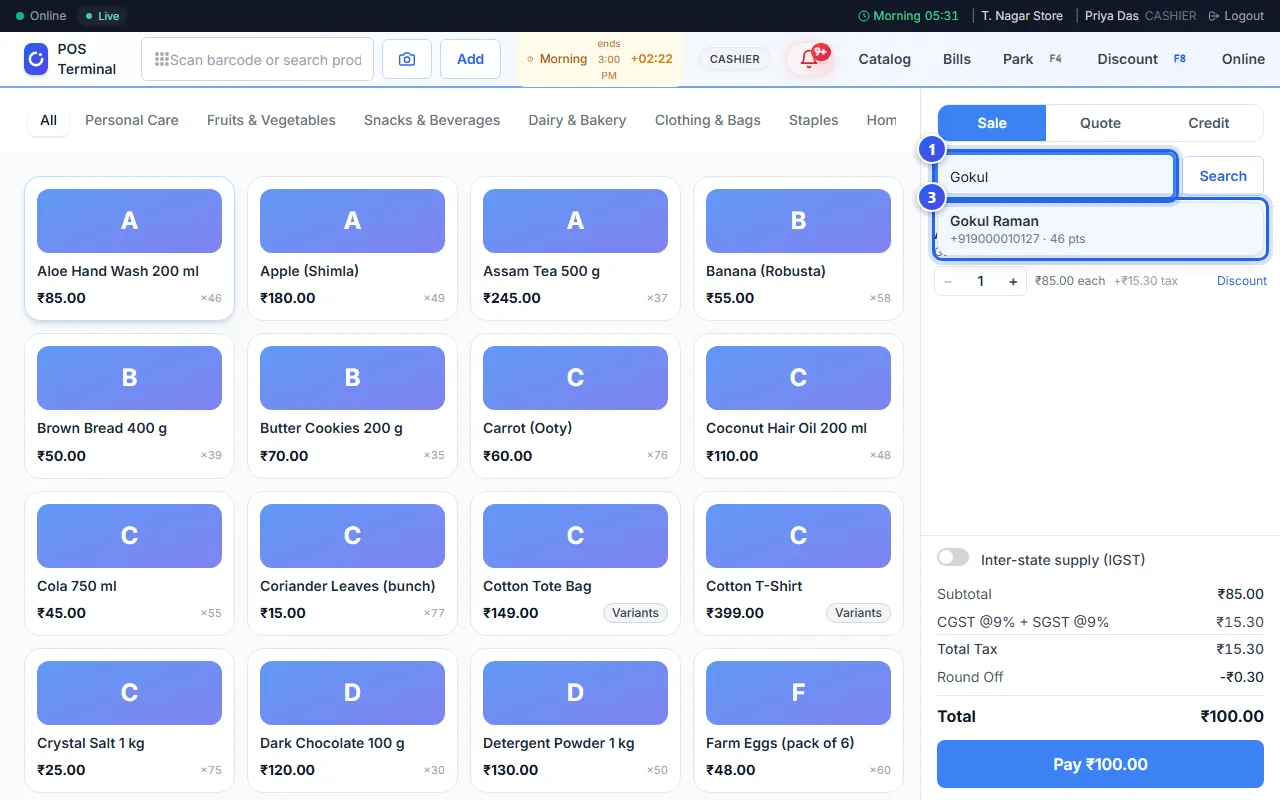 A customer search on the bill, with one customer in the list