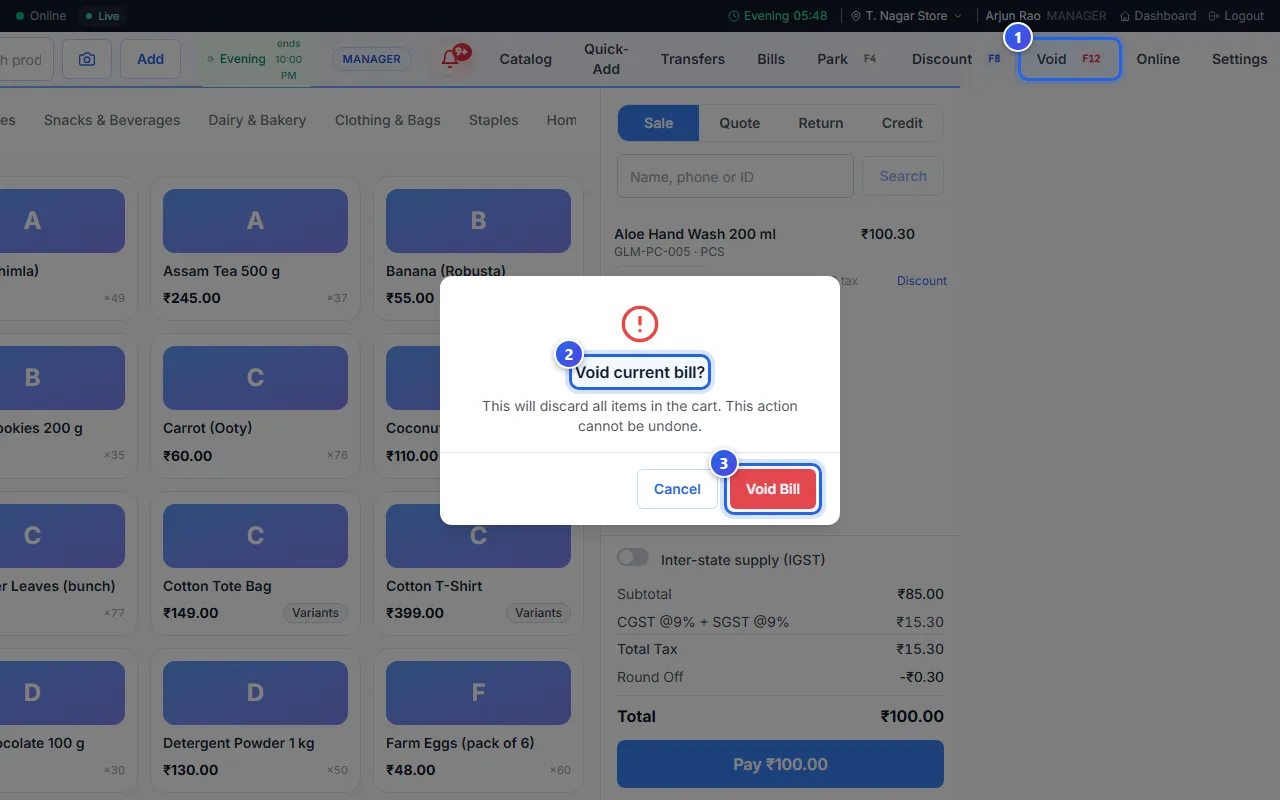 The Void current bill? message, with the Void Bill button