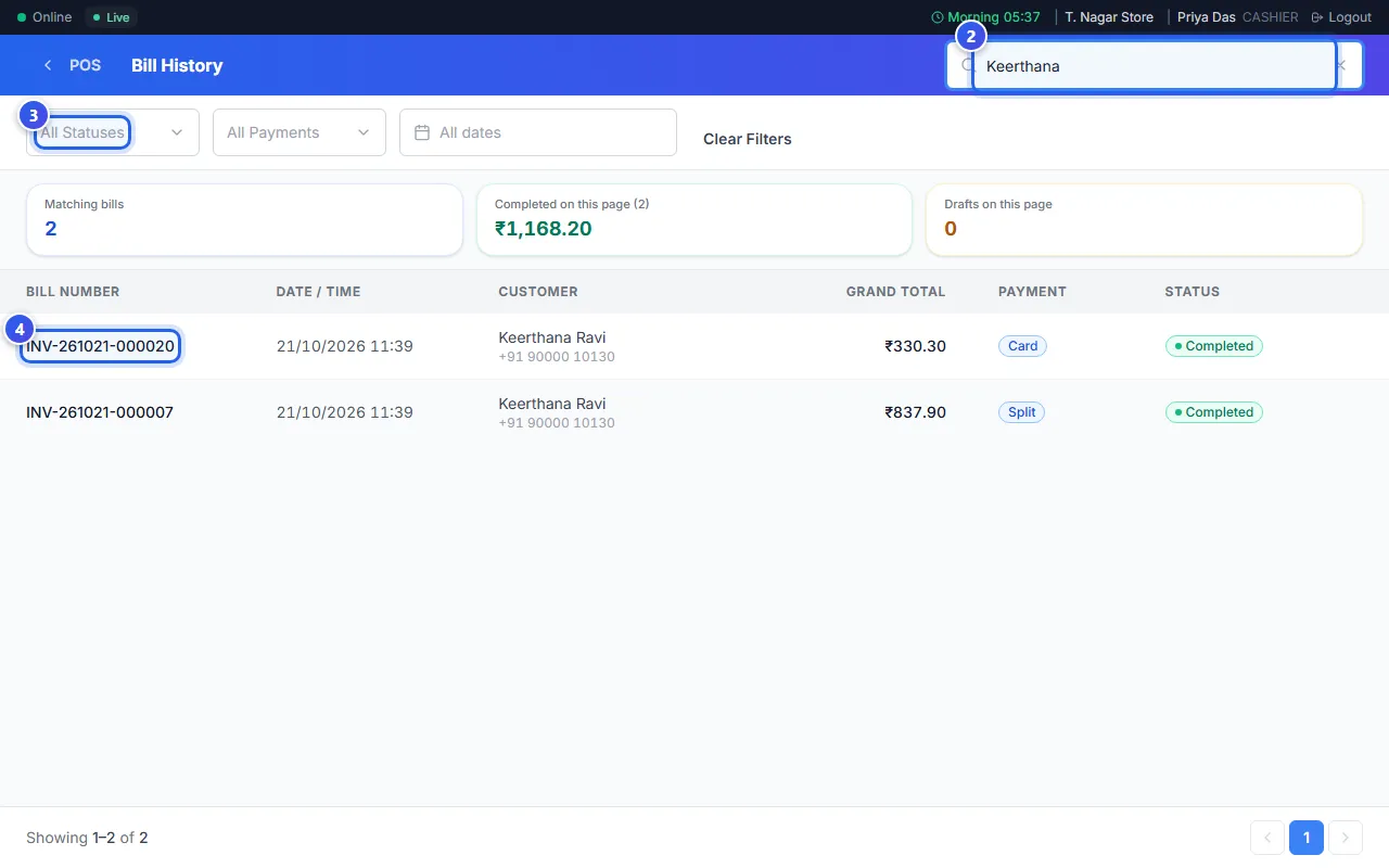 The Bill History page, with a customer's name typed in the search box