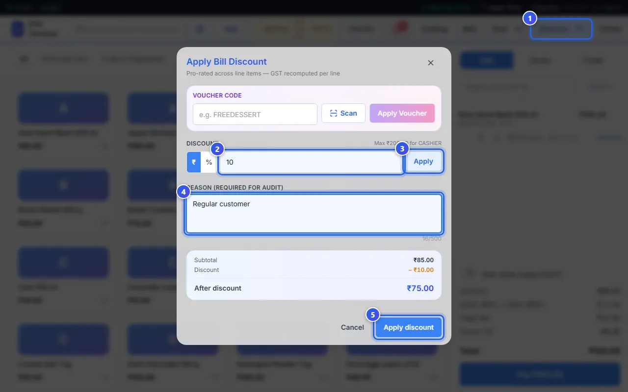 The Apply Bill Discount window, with a discount and a reason typed in