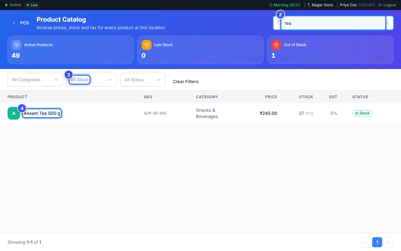 The Product Catalog, with a search typed in