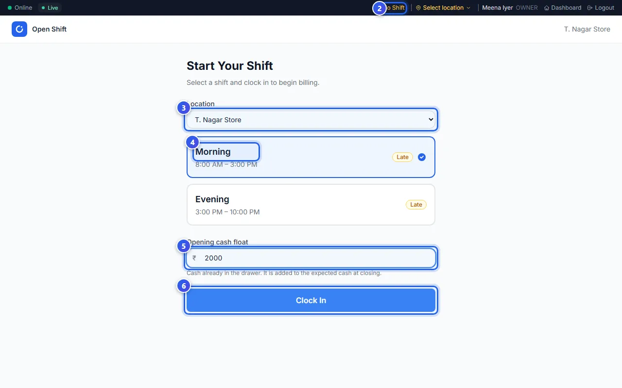 The Open Shift page, with the Morning shift chosen and the cash typed in