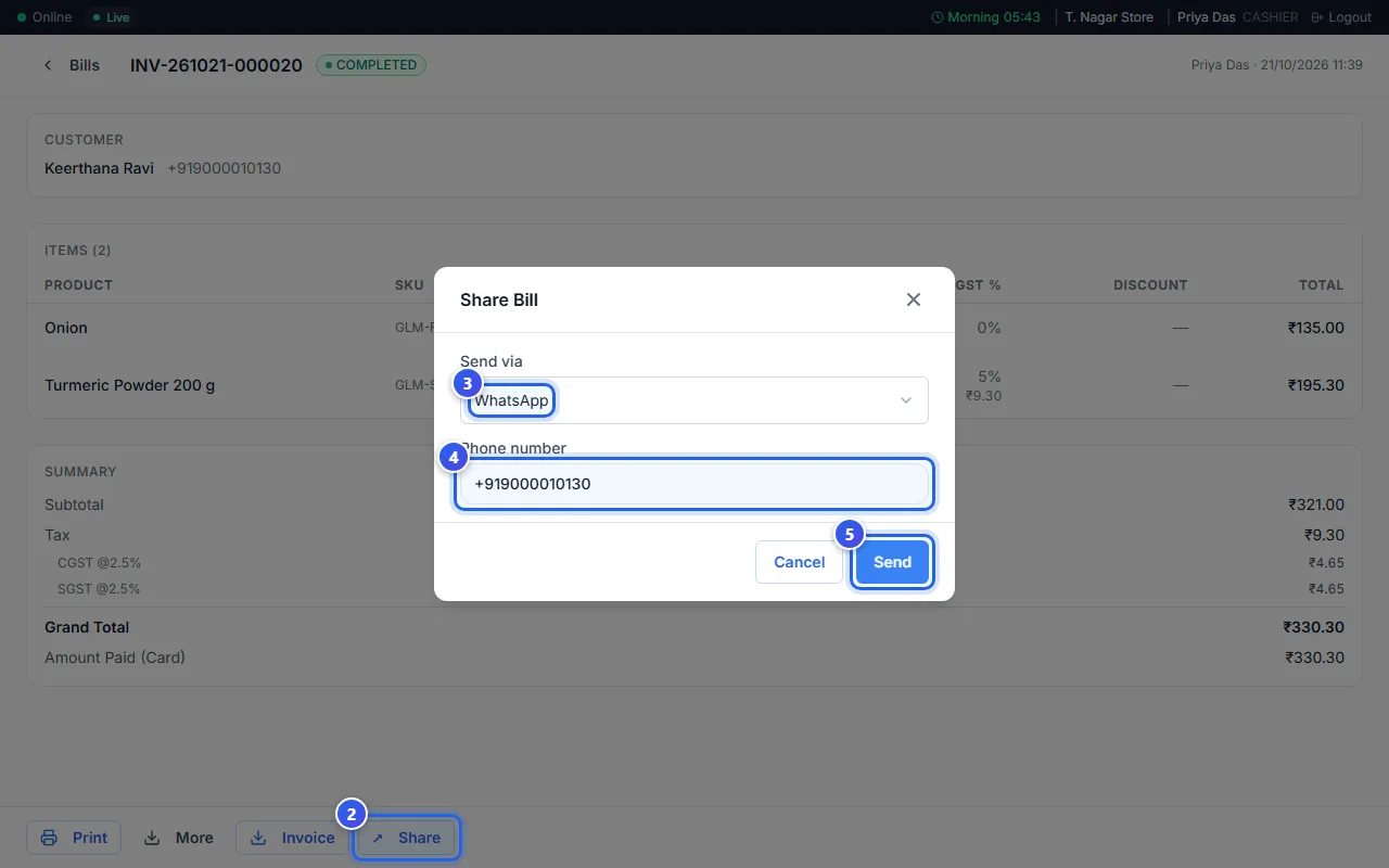 The Share Bill window, with WhatsApp chosen