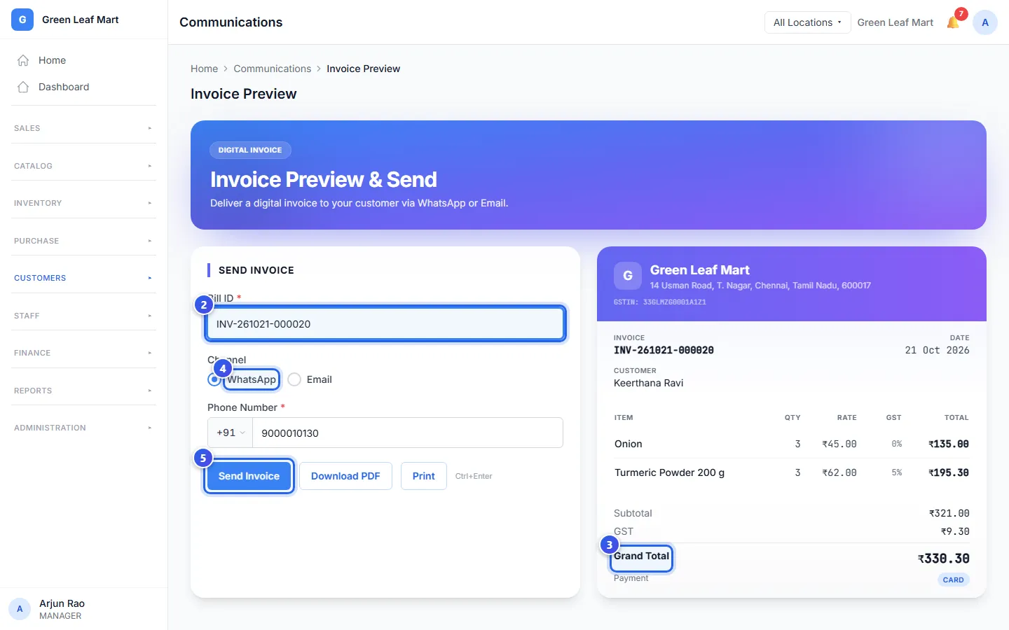 The Invoice Preview page, with a bill shown on the right