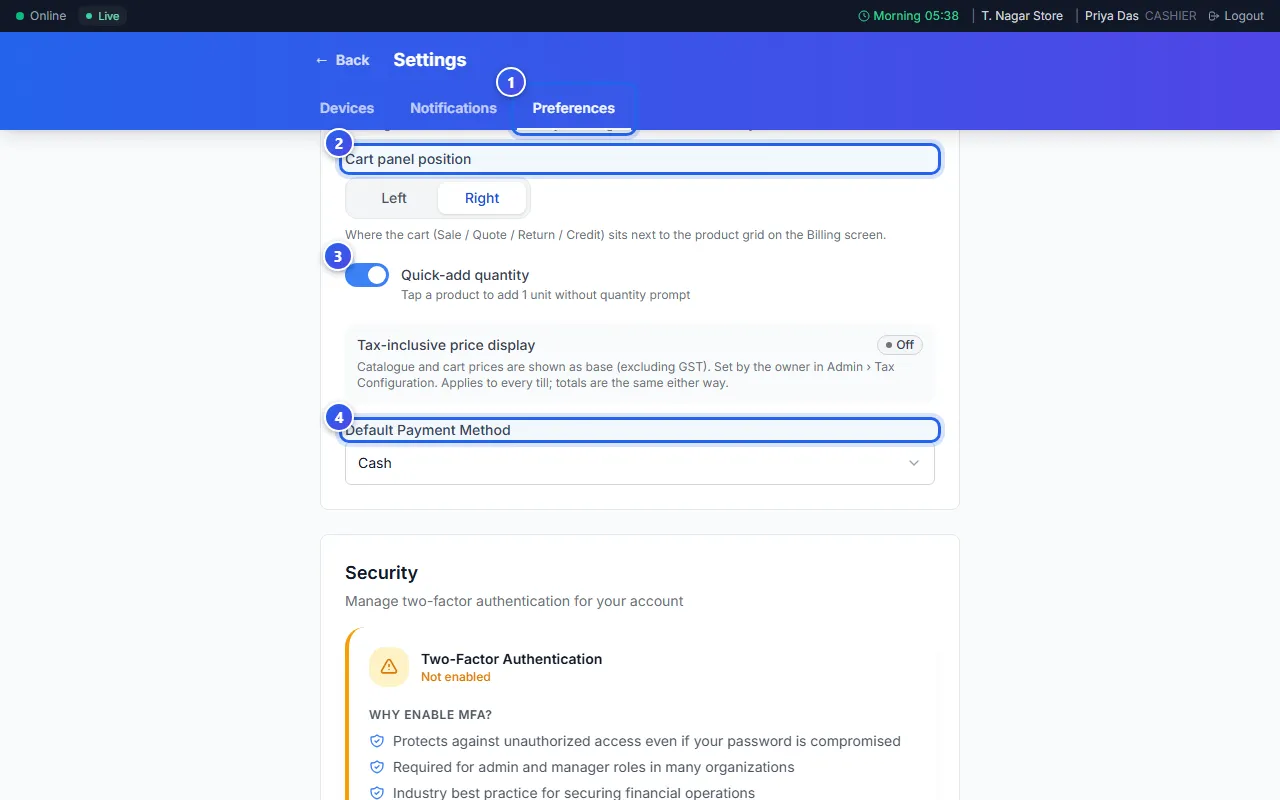 The Preferences tab of Settings