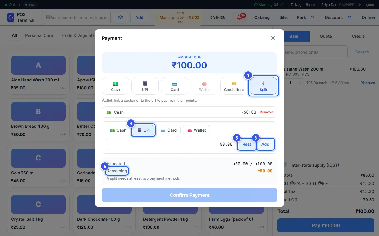 The Split choice in the Payment window