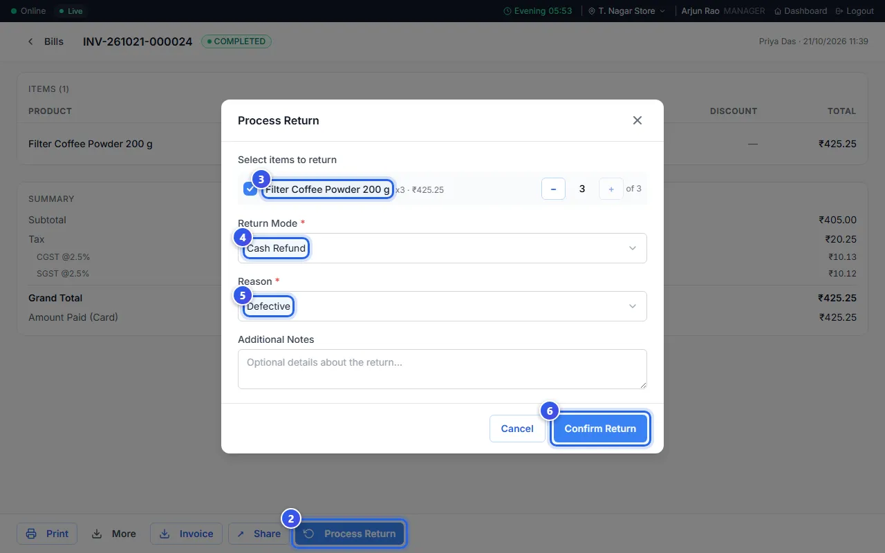 The Process Return window, with one item chosen
