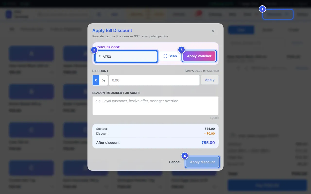 A voucher code typed in the Apply Bill Discount window