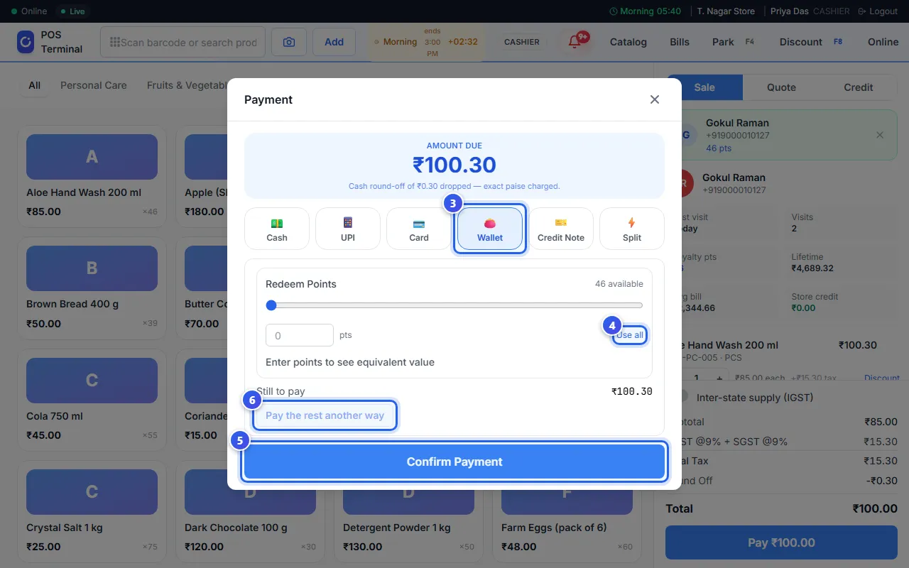 The Wallet choice in the Payment window, with all points chosen