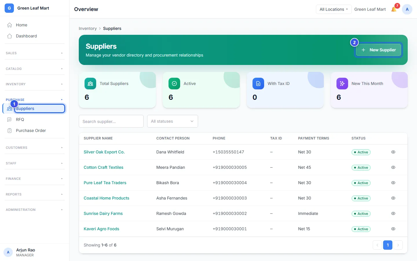 The Suppliers list, with the New Supplier button at the top