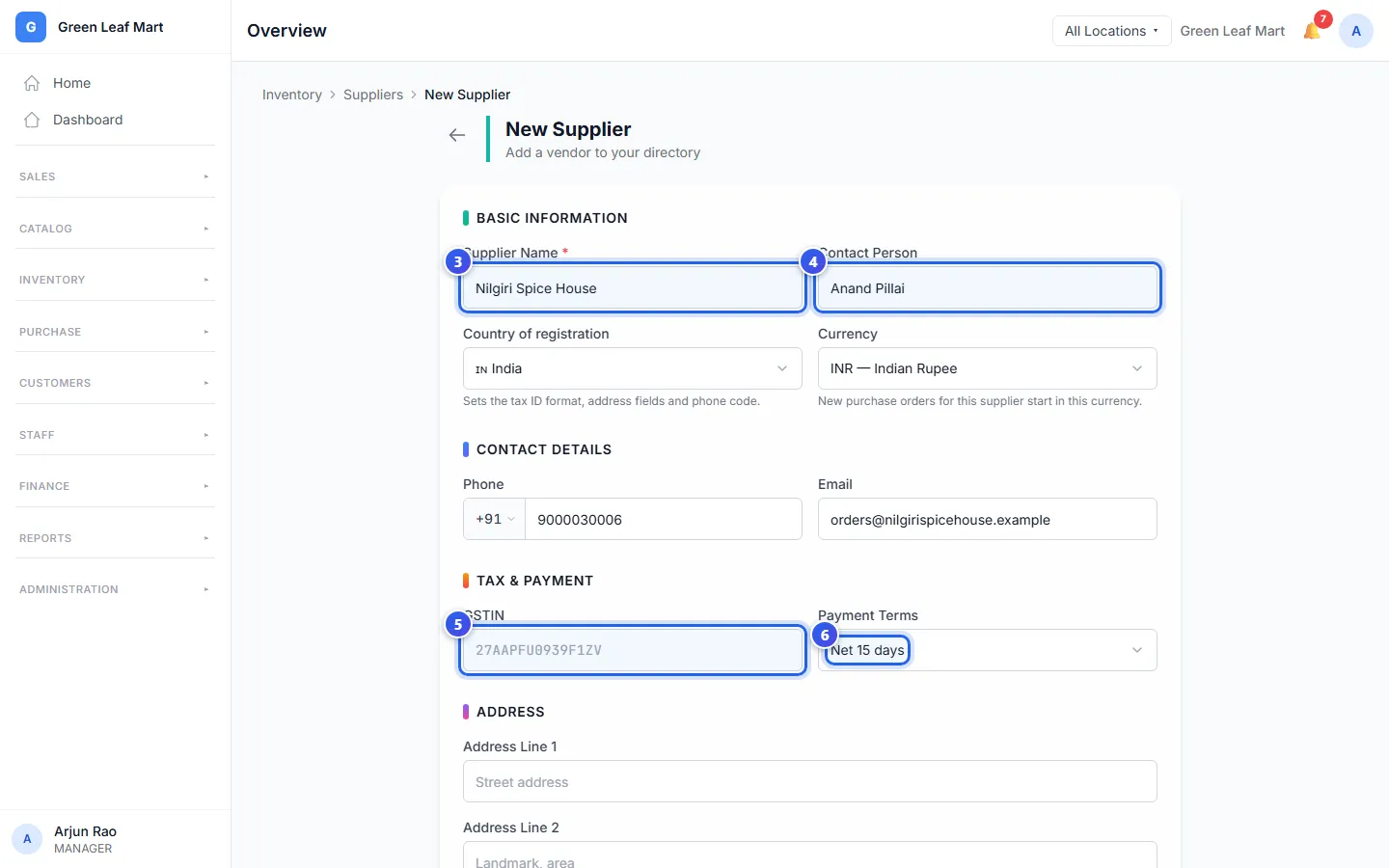 The New Supplier form, with a name, a contact person and Net 15 days filled in