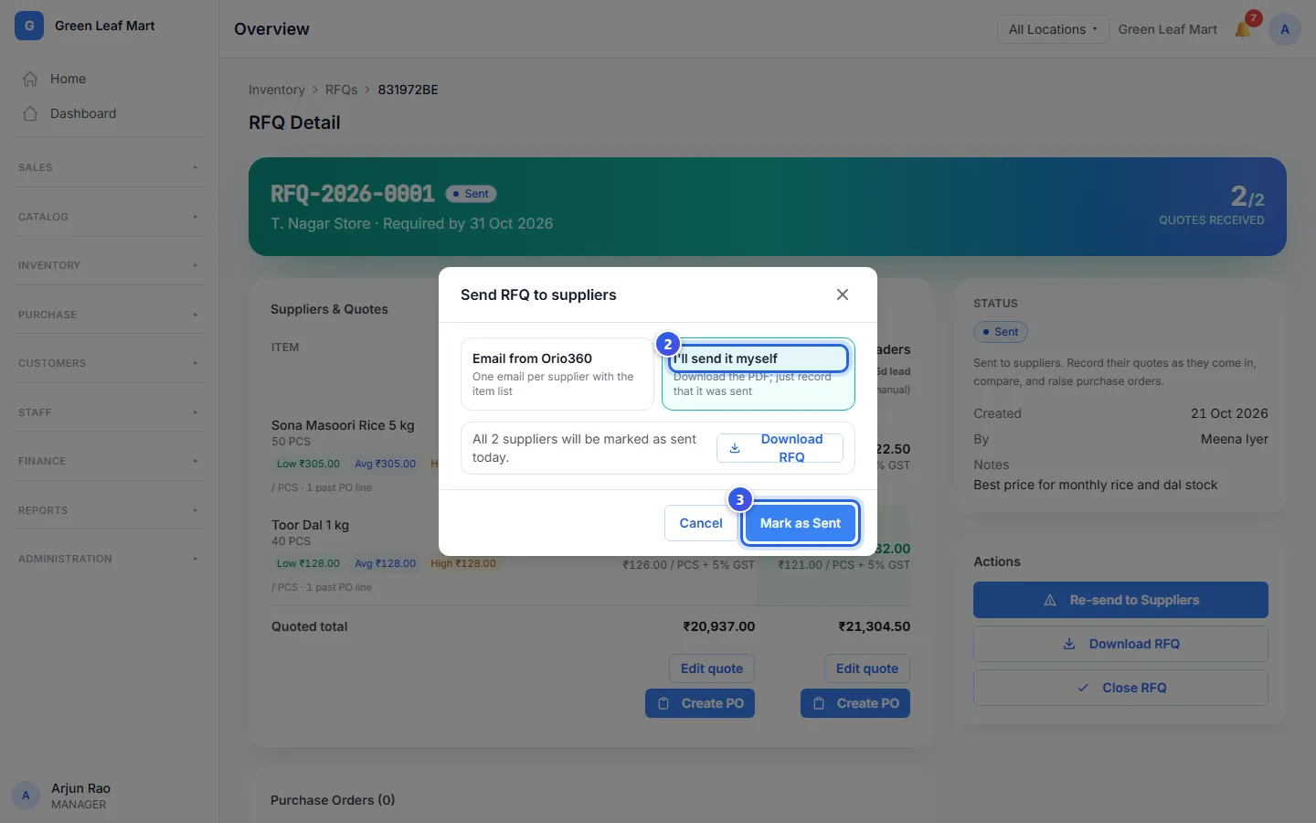 The Send RFQ to suppliers box, with I'll send it myself chosen