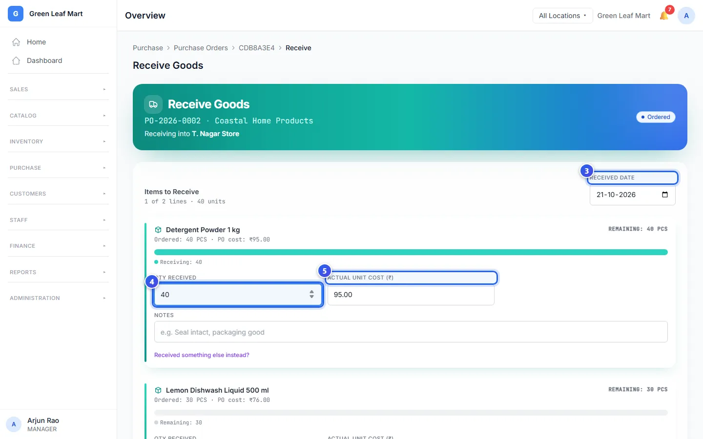 The Receive Goods page, with 40 packs of detergent typed in