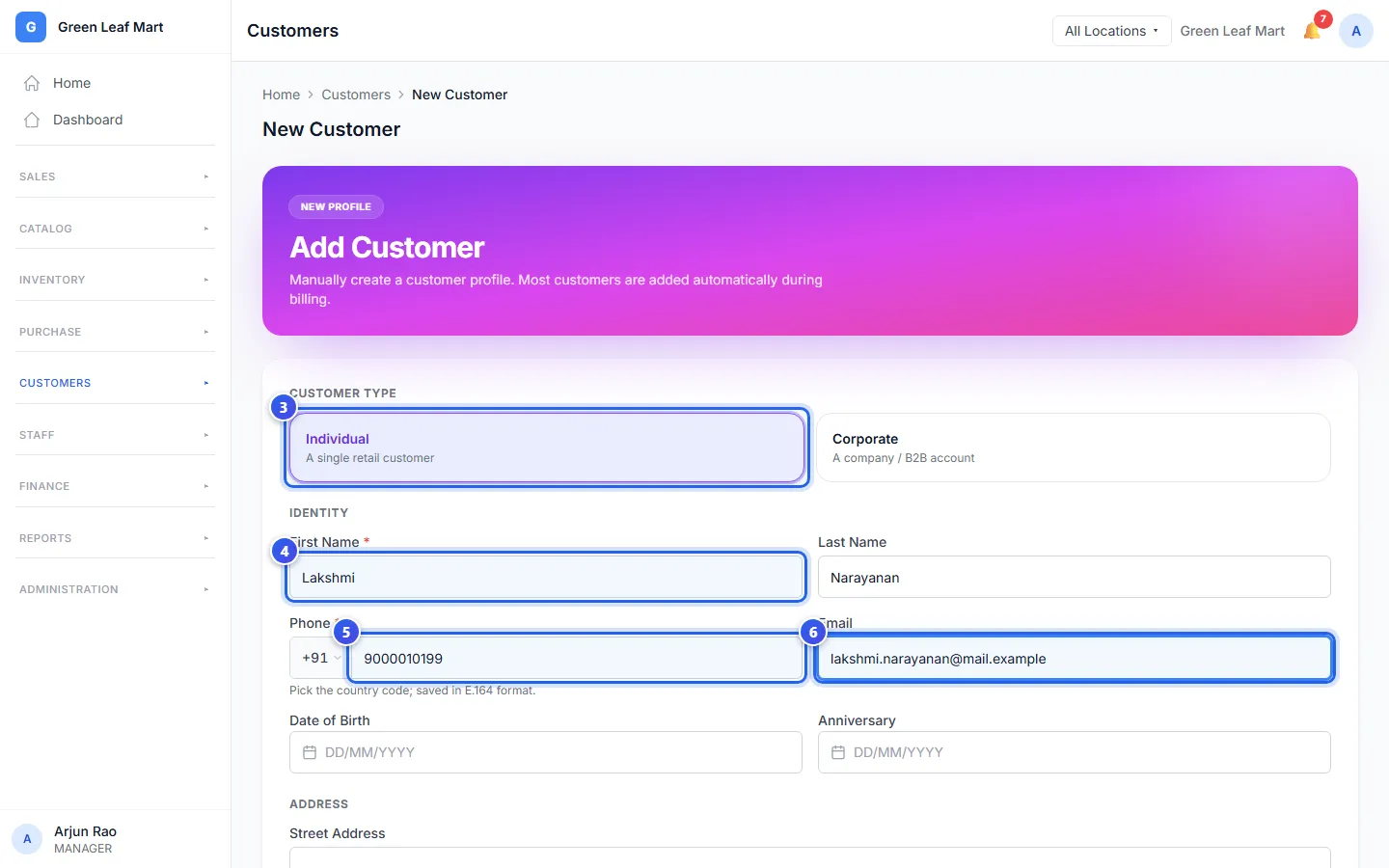The Add Customer form, with a name, a phone number and an email typed in