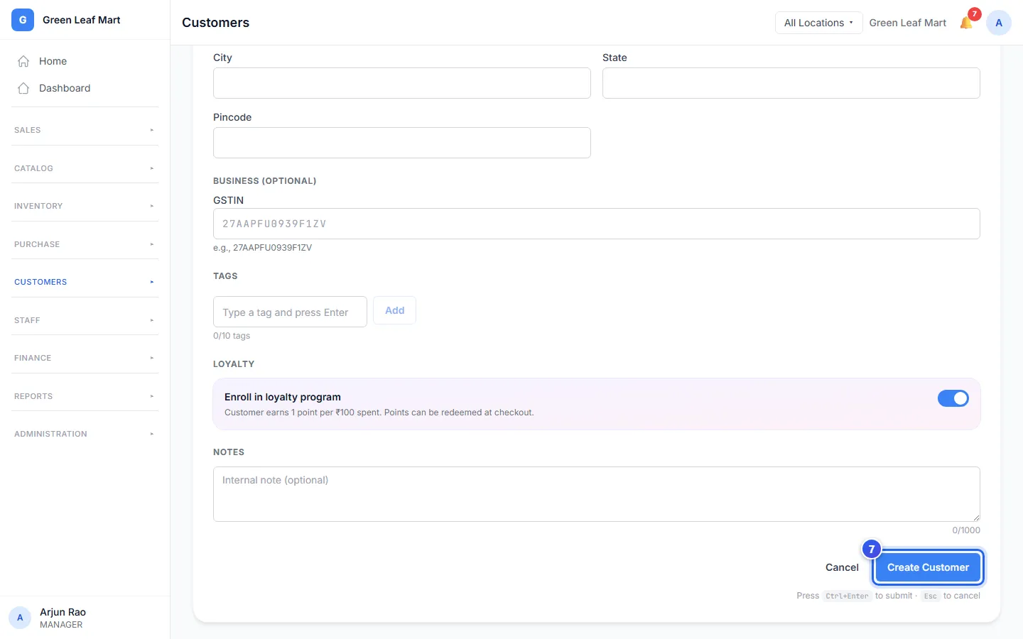 The end of the form, with the Create Customer button