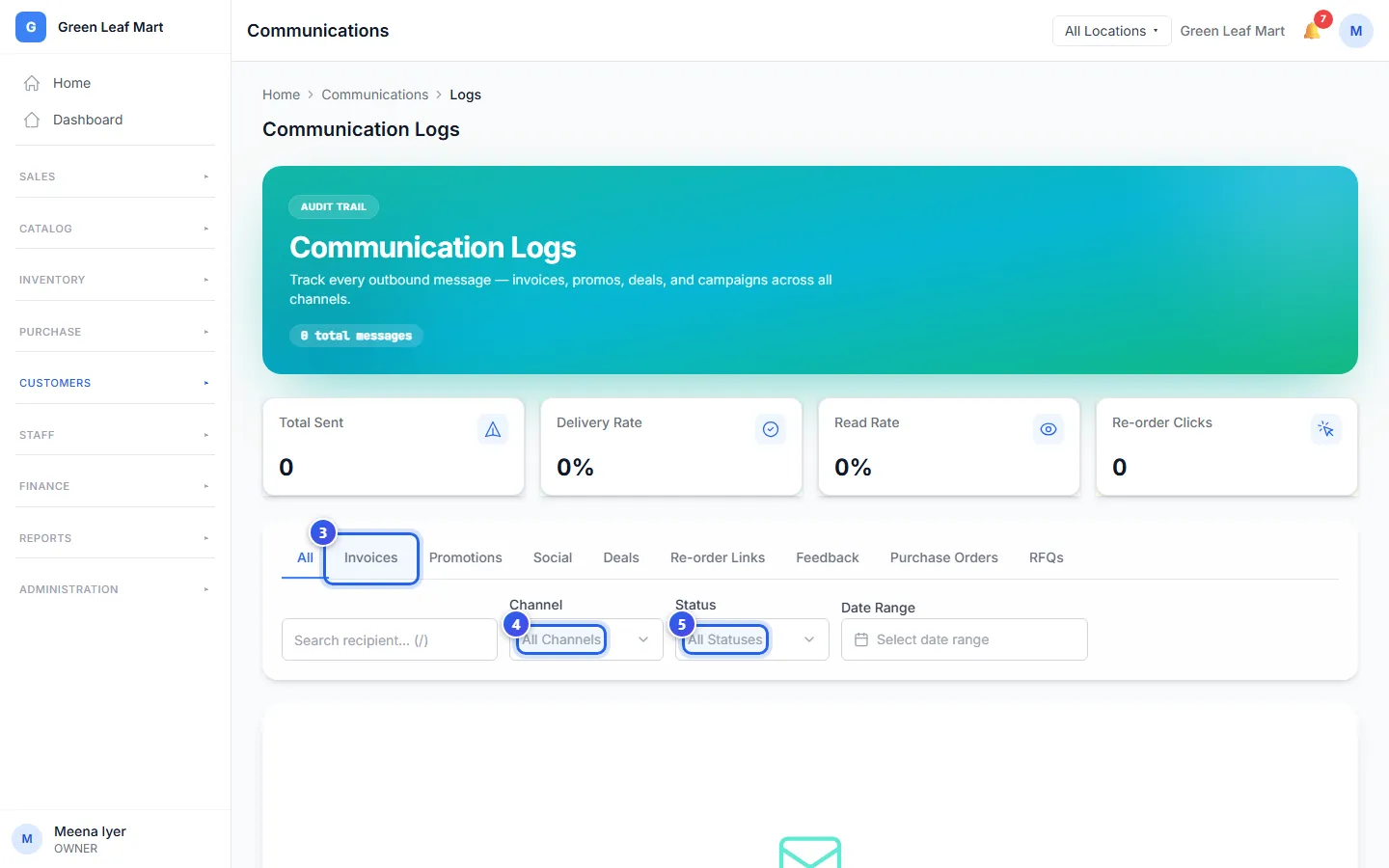 The Communication Logs page, with the tabs and the Channel and Status boxes