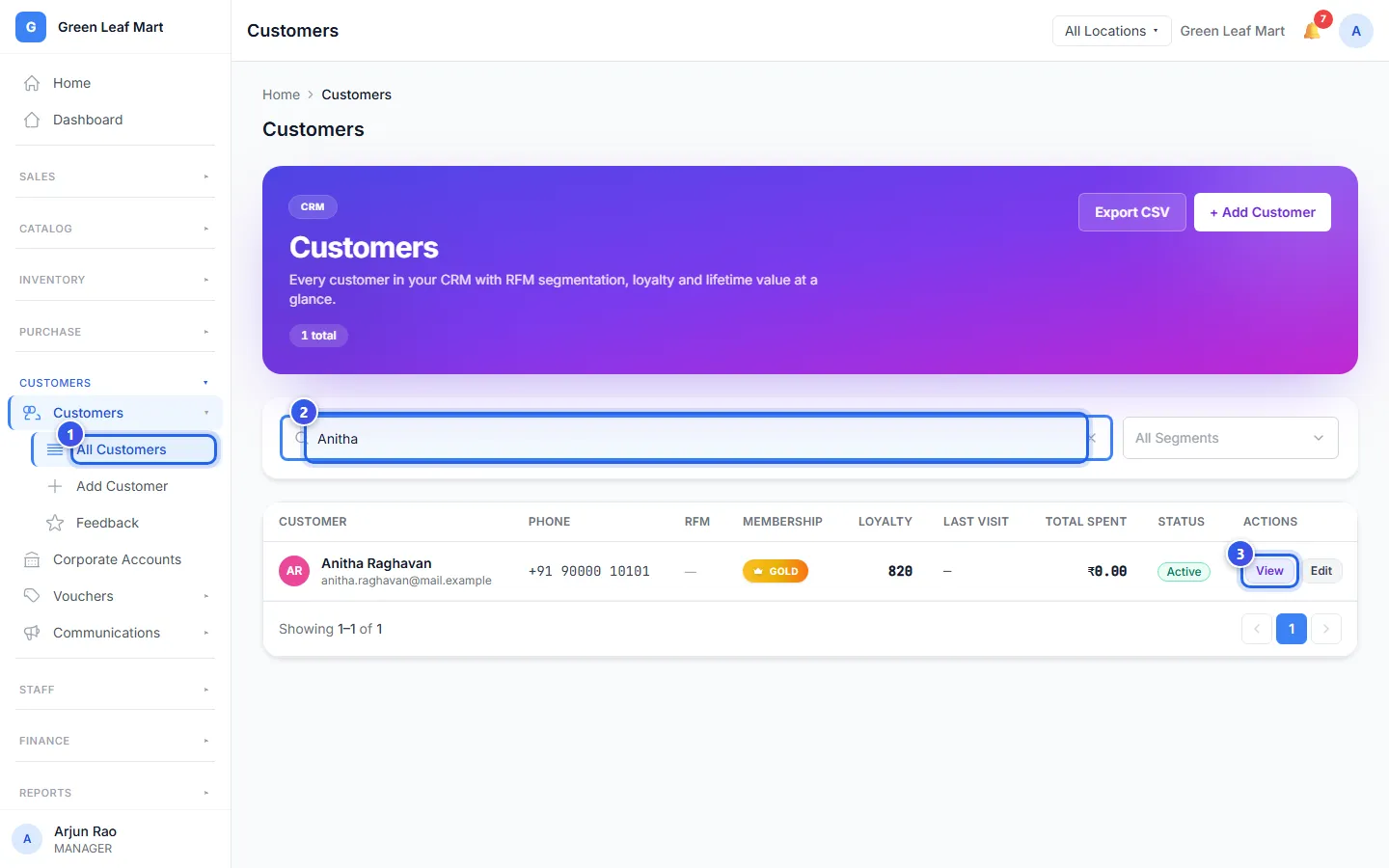 The customer list, with a search for Anitha and her View button
