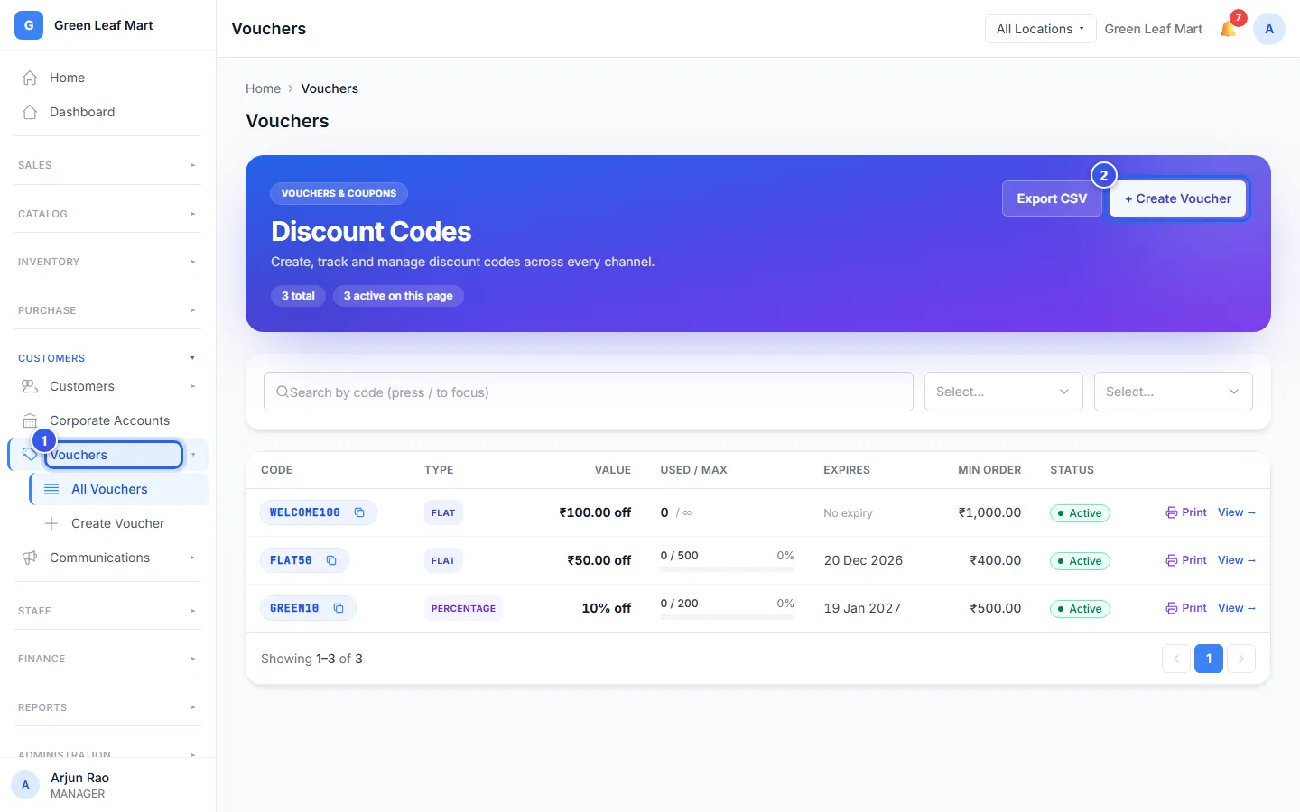 The Vouchers page with the Create Voucher button