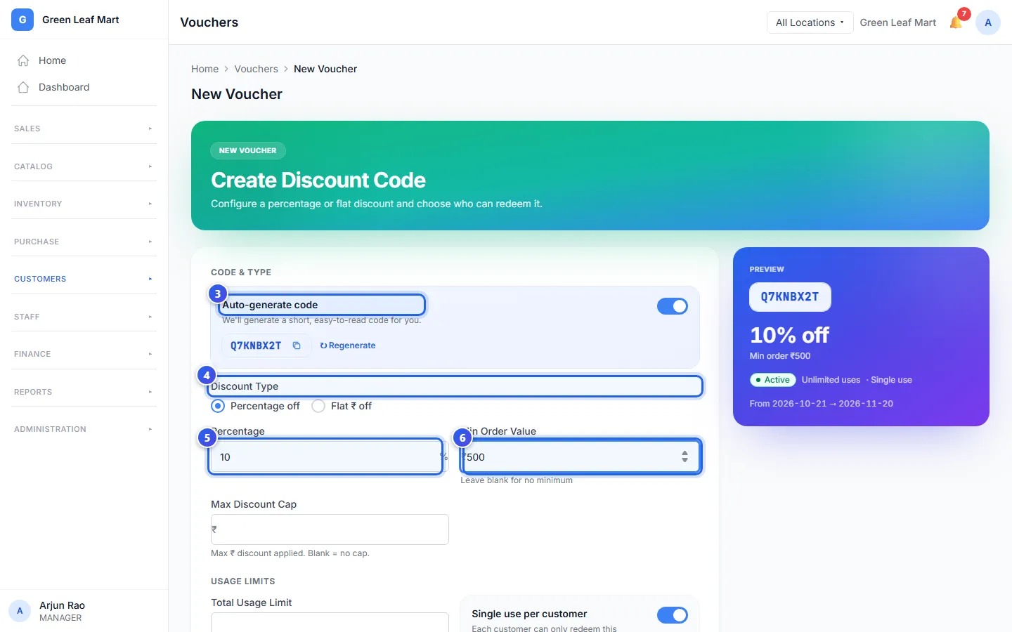 The top of the new voucher form: the code, the type, the percentage and the smallest bill