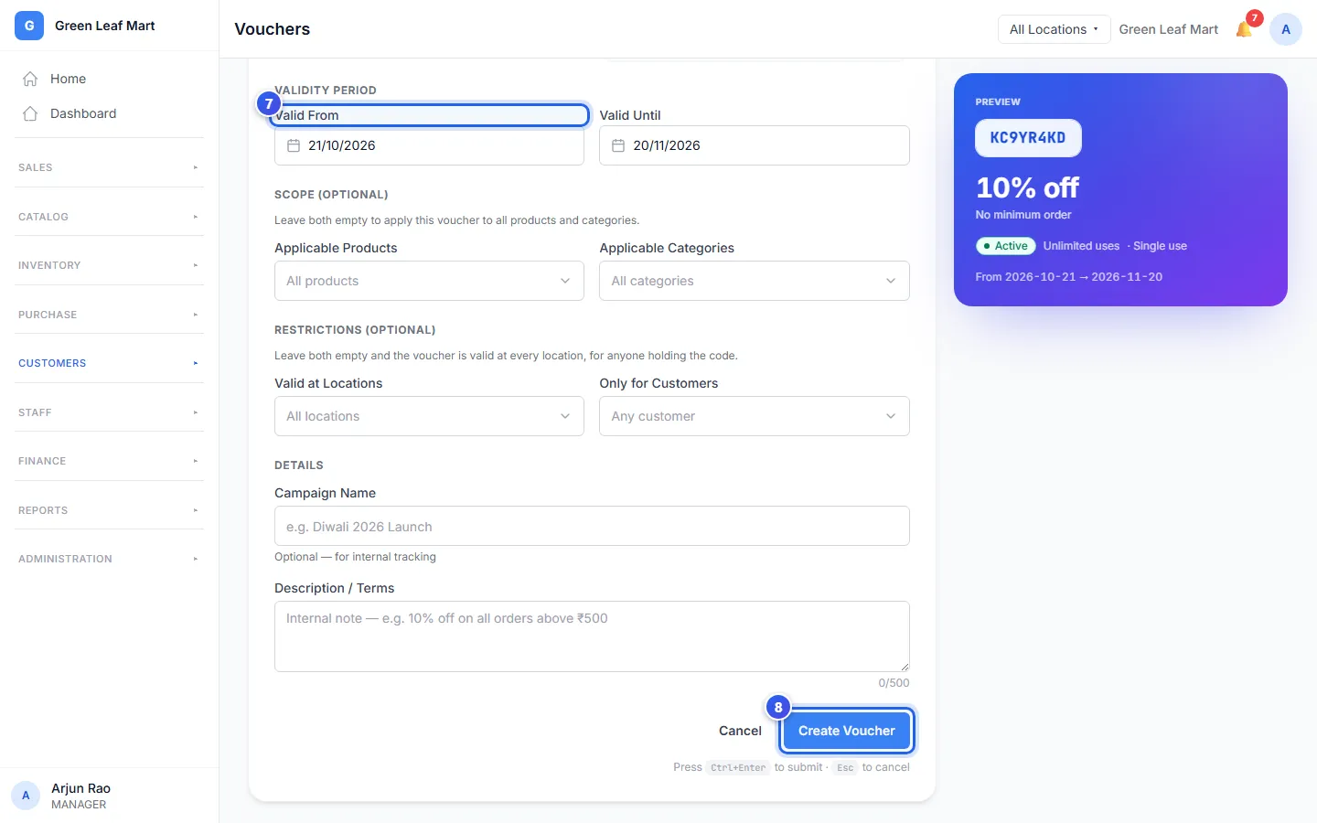 The end of the form: the dates and the Create Voucher button