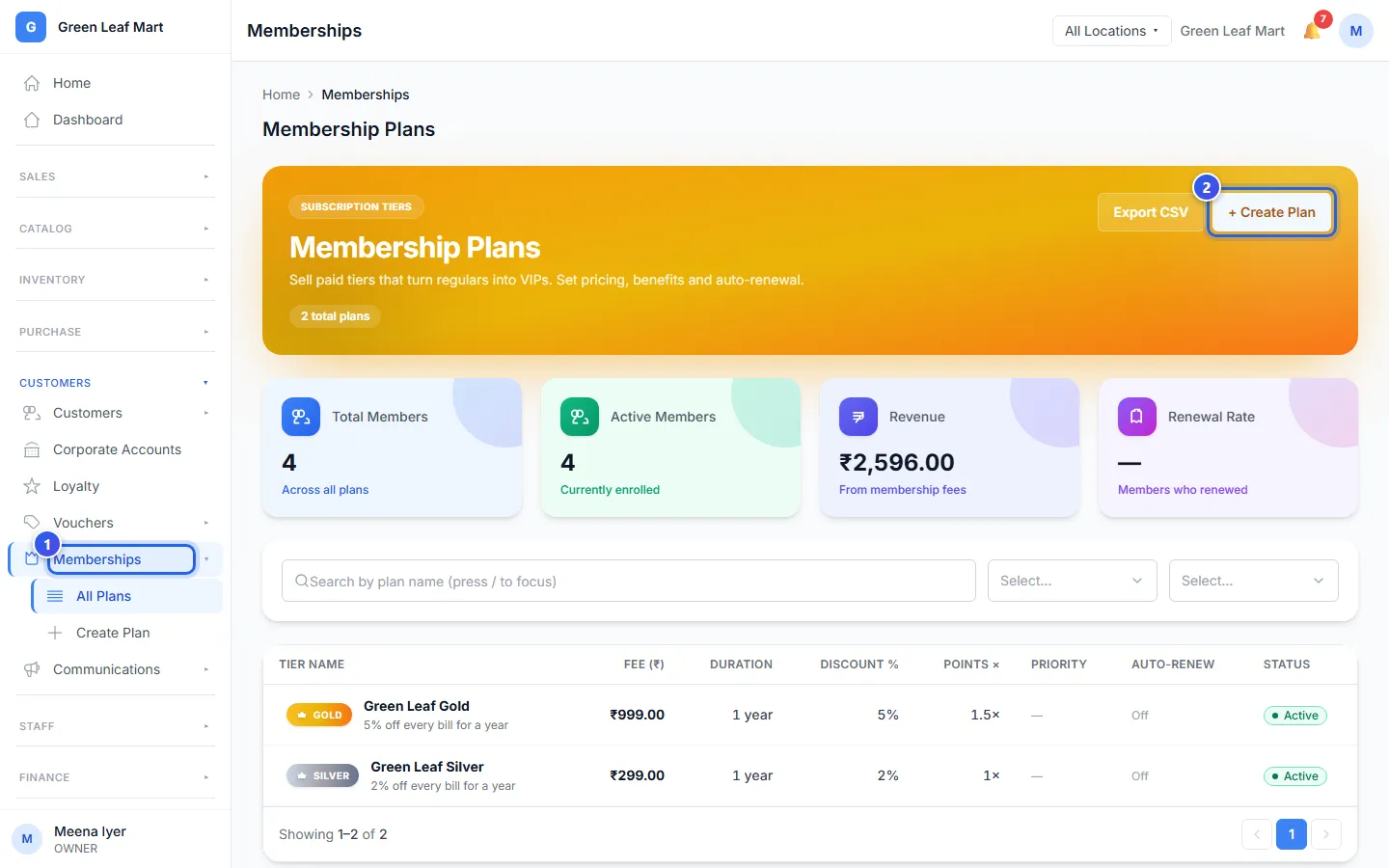 The Membership Plans page with the Create Plan button