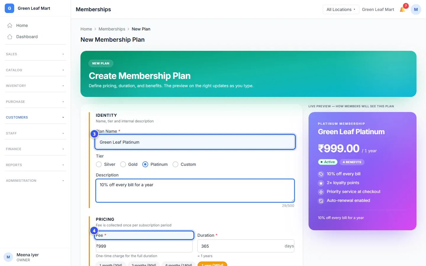 The new plan form, with a plan name and a fee, and its card on the right
