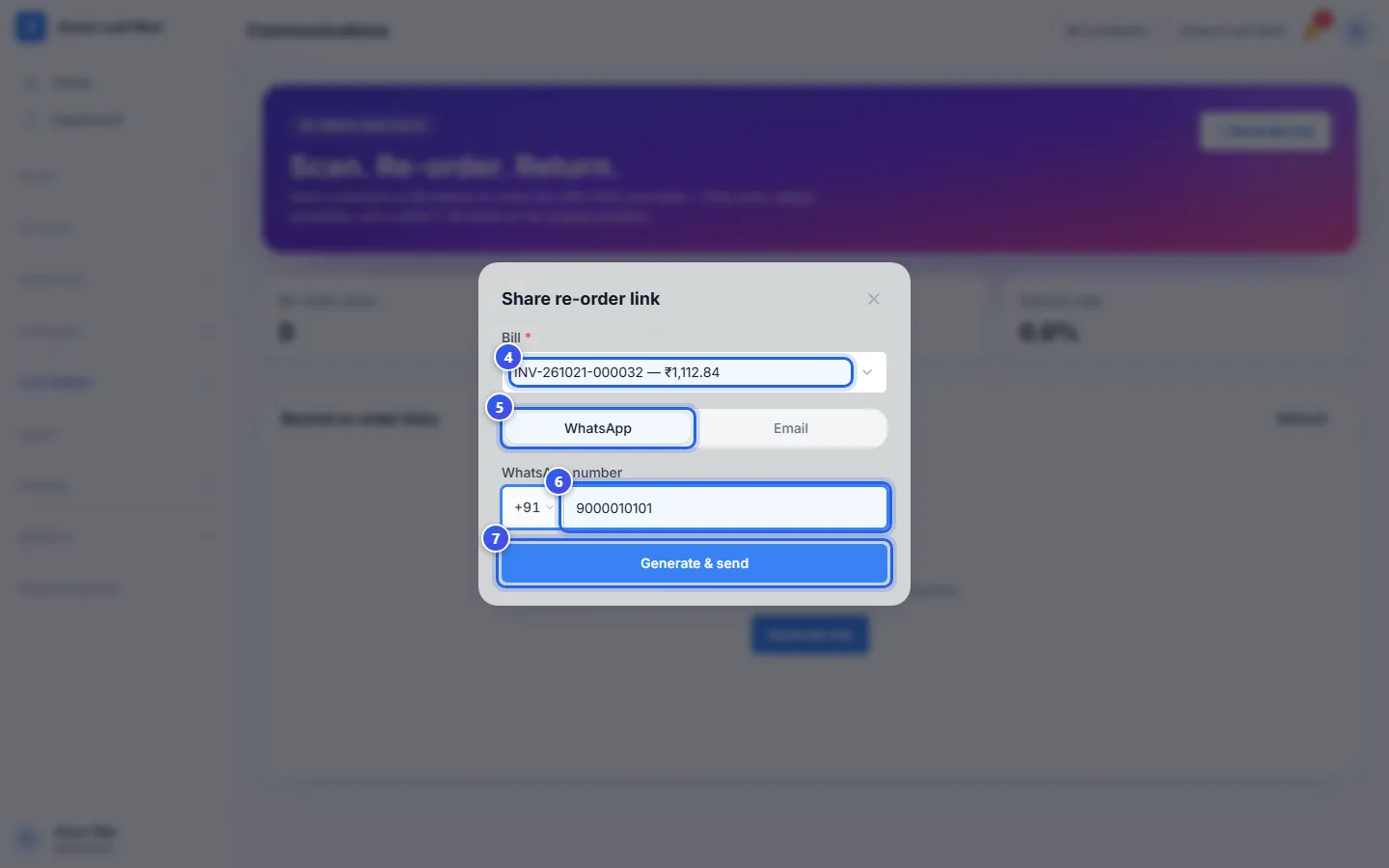 The Share re-order link box, with a bill and a WhatsApp number