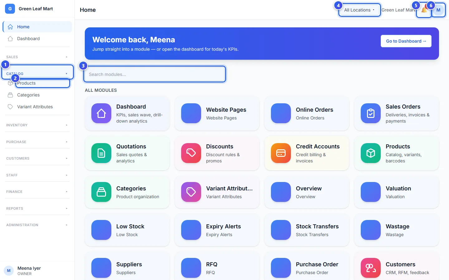 The admin app on Home, with the menu on the left