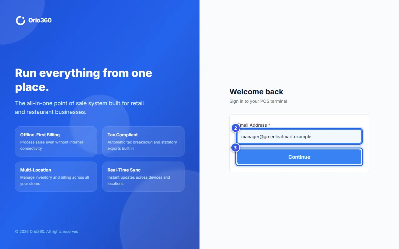 The sign-in page of the POS app, with an email typed in