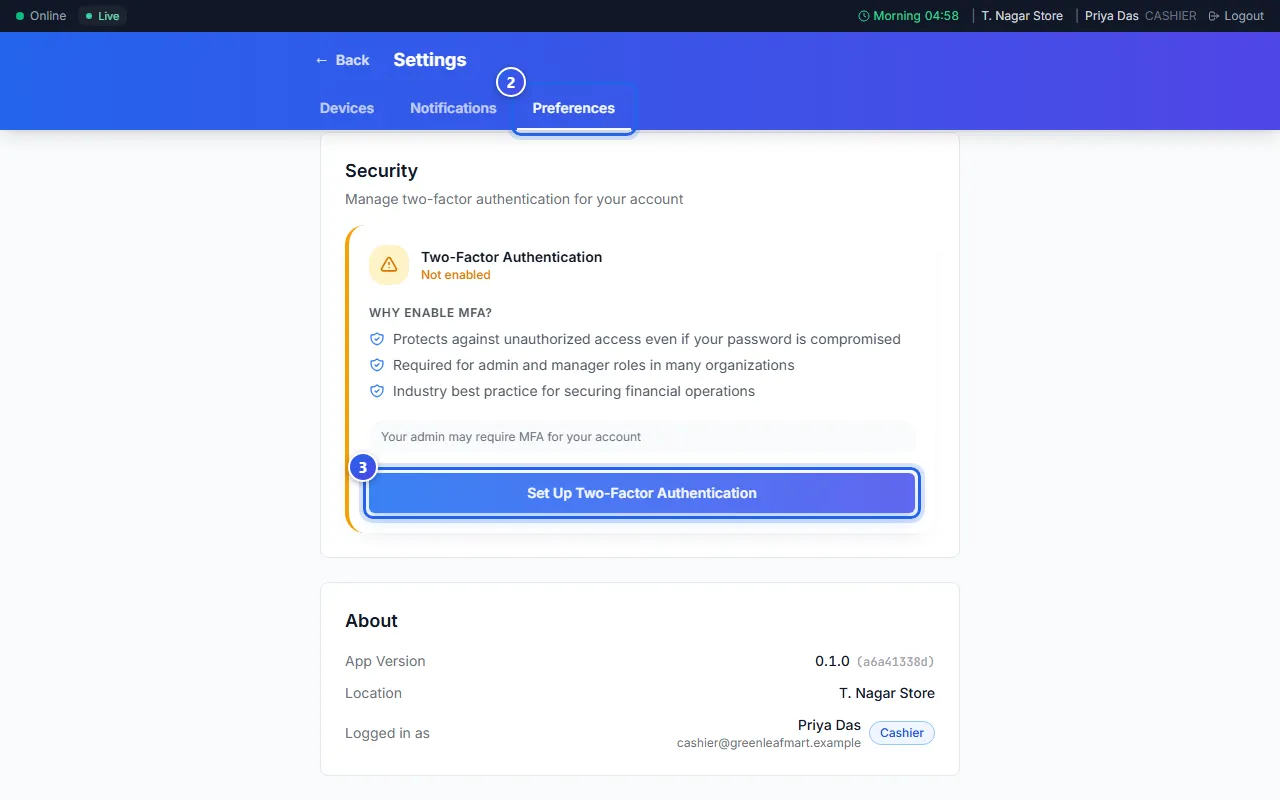 The Security part of Settings in the POS app