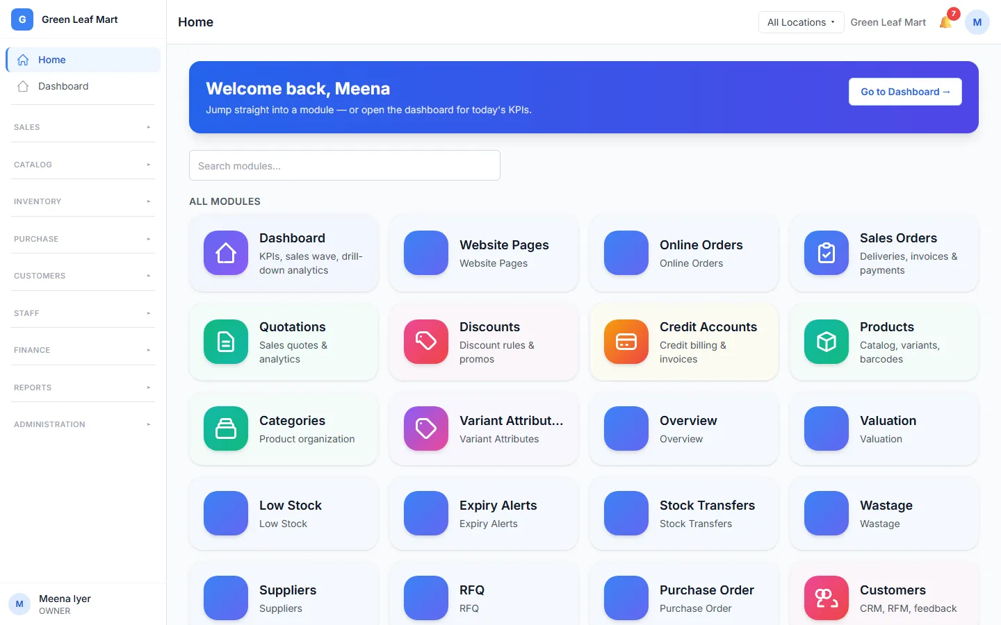 The Home page of the admin app has a tile for each part