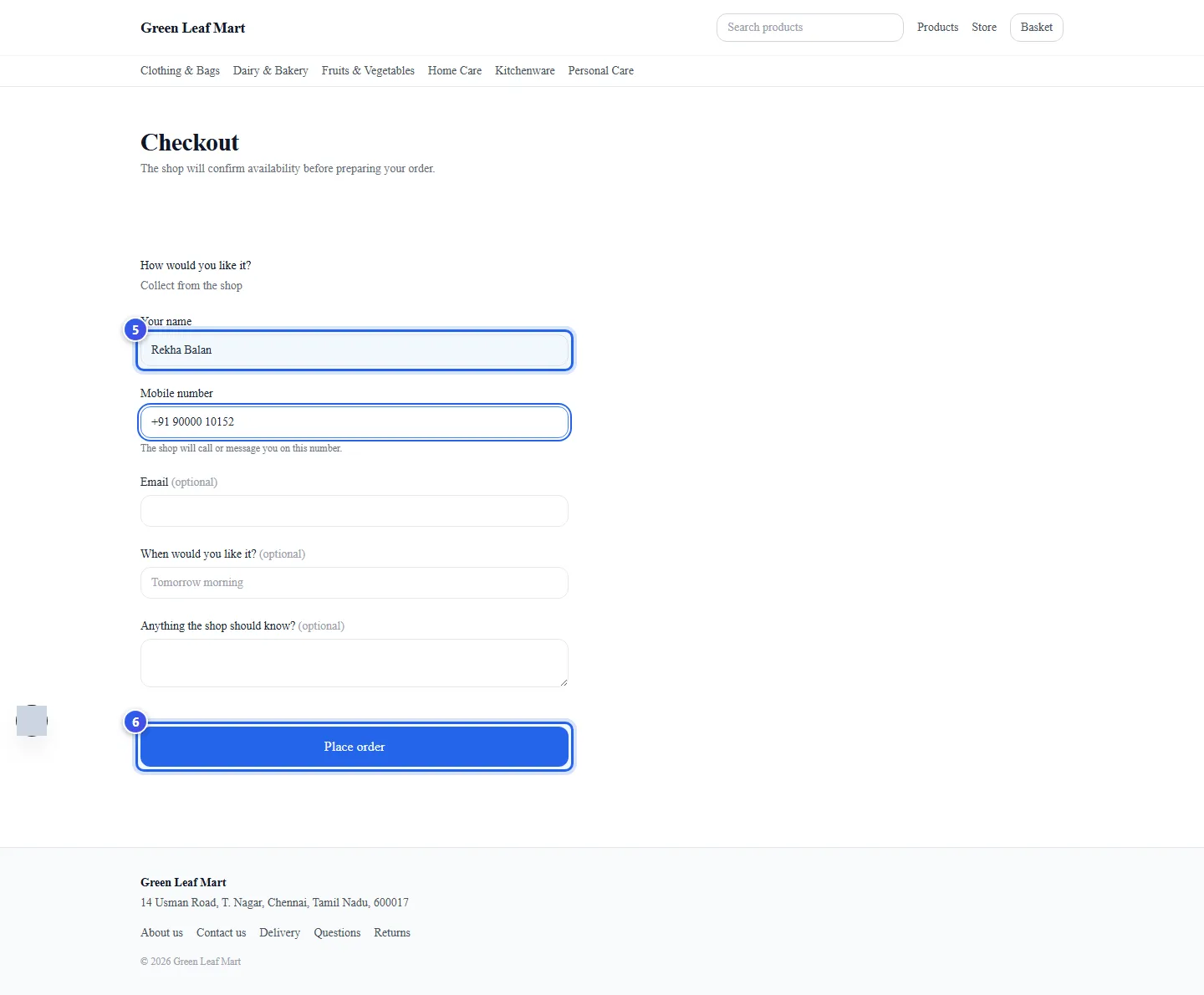 The checkout form with the name, the mobile number and the Place order button