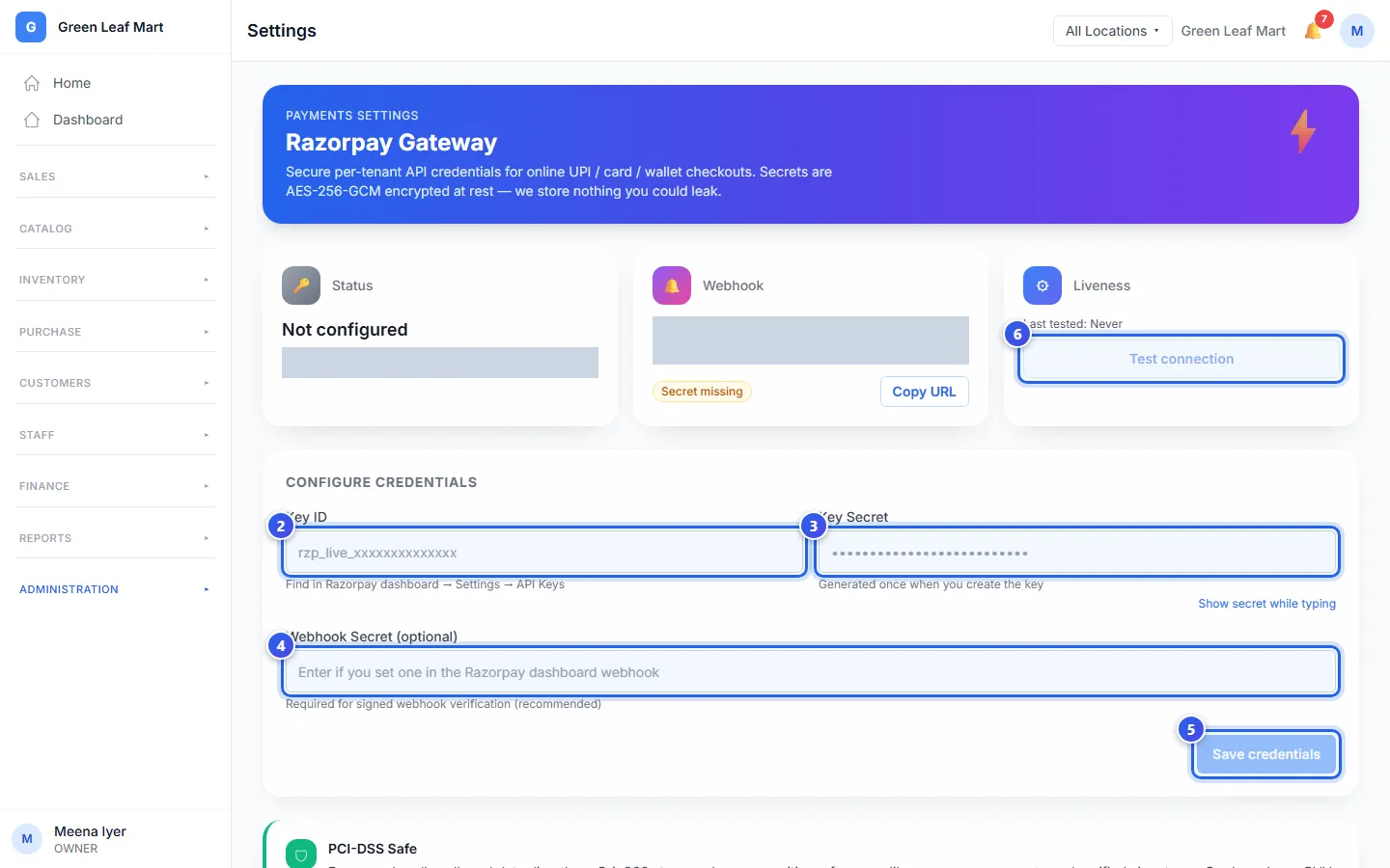 The Payment Gateway page with the boxes for your Razorpay key