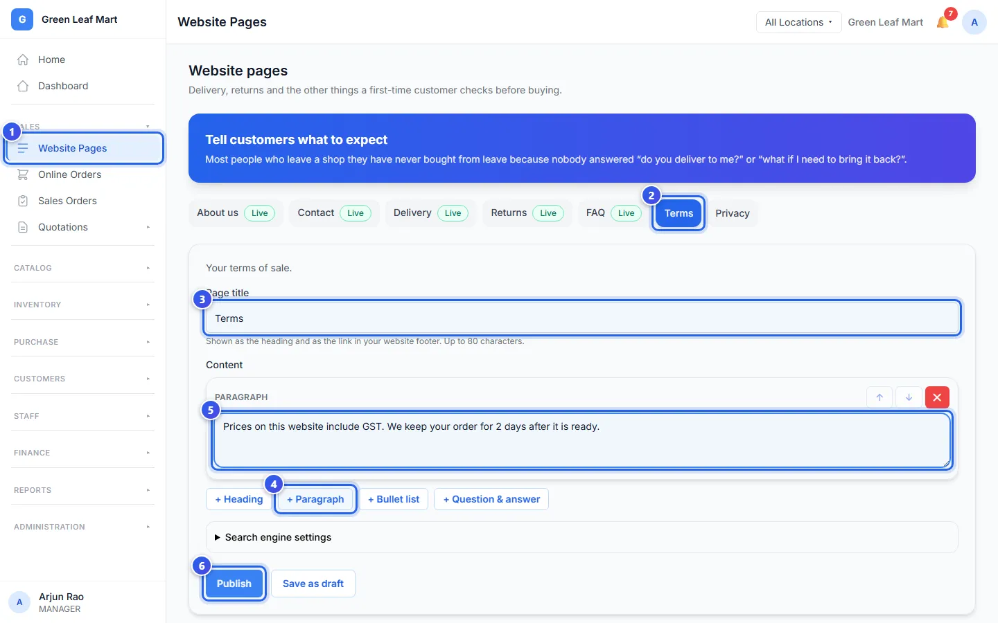 The Terms page with a new paragraph and the Publish button