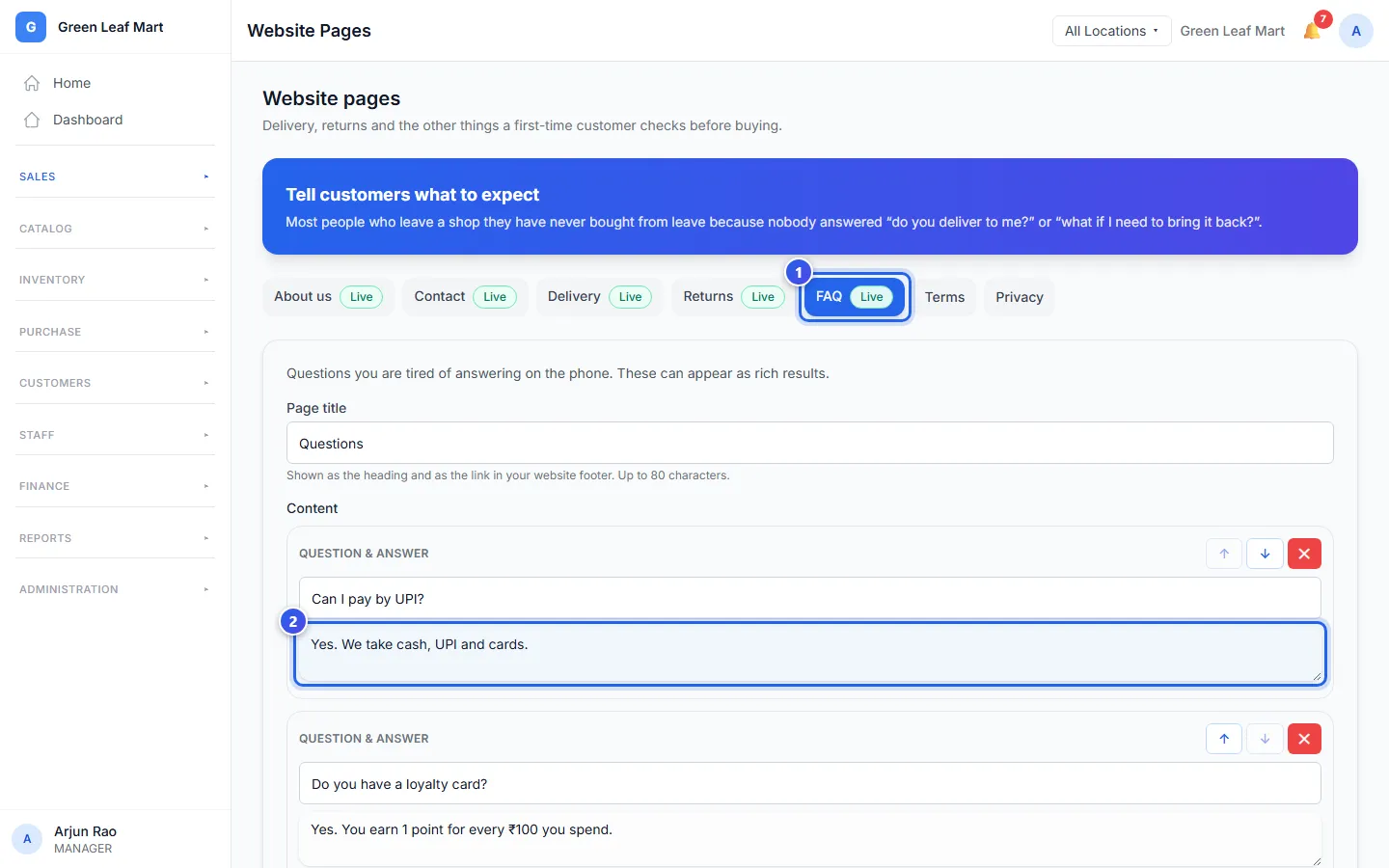 The FAQ page with two questions and their answers