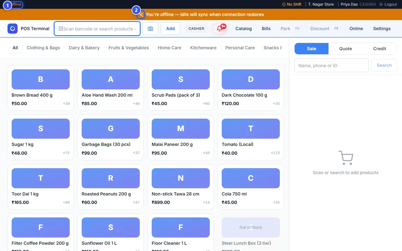 A till with no internet. The dark bar says Offline and the orange bar says why.