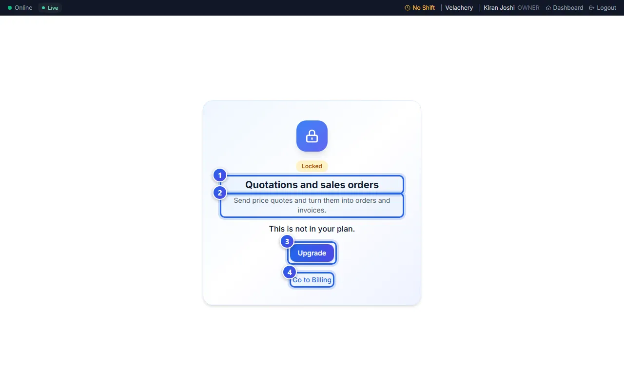 The locked page for quotations in the POS app, with the Upgrade button