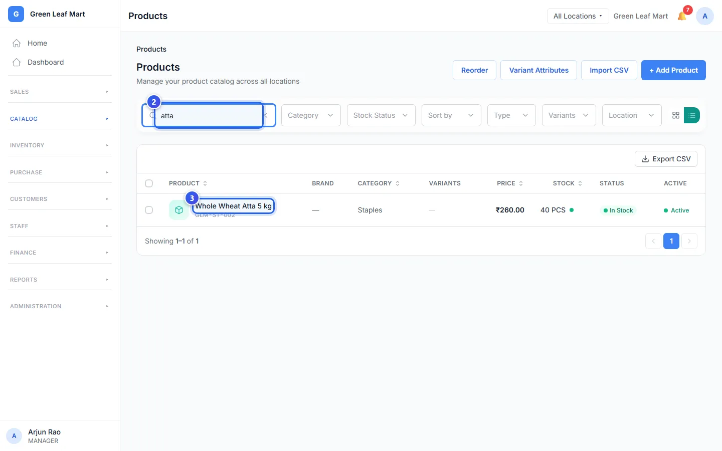 A search for atta in the product list, with one product found