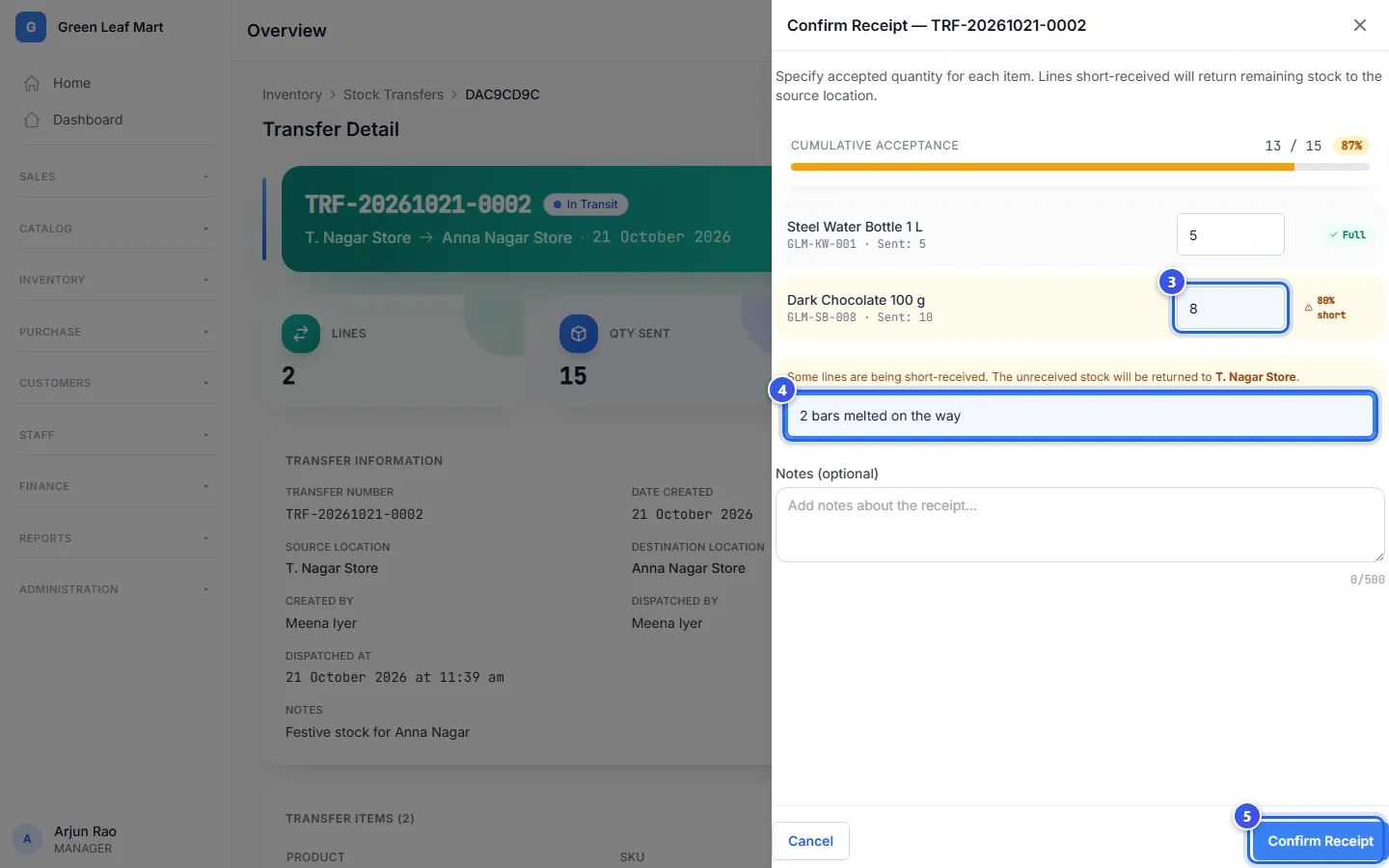 The Confirm Receipt panel, with 8 of 10 bars received and a reason typed in