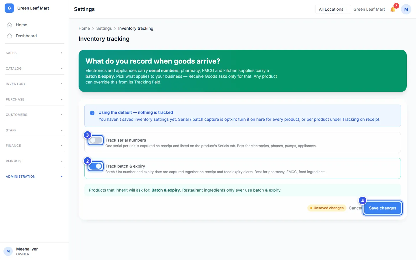 The tracking page in Settings, with batch and expiry turned on