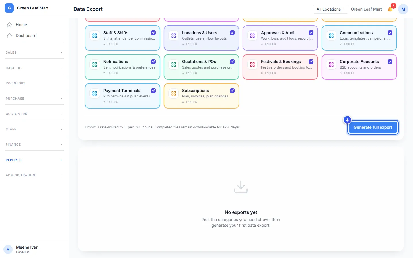 The Generate full export button lower on the page