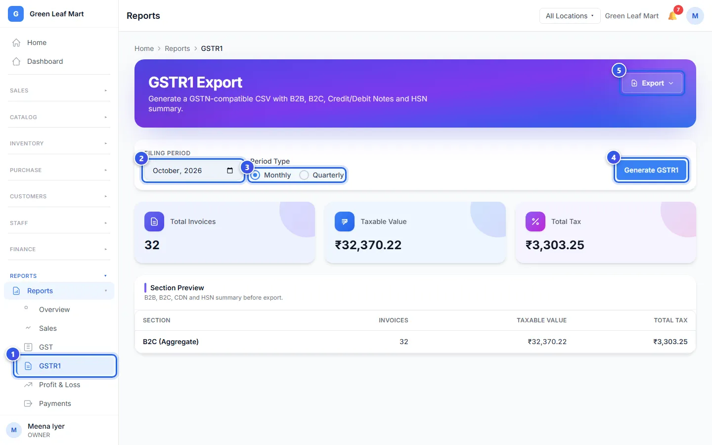 The GSTR1 page with the month, the period type and the Generate GSTR1 button