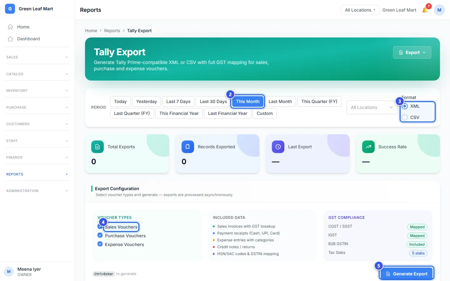 The Tally Export page with the dates, the format, the voucher types and the Generate Export button