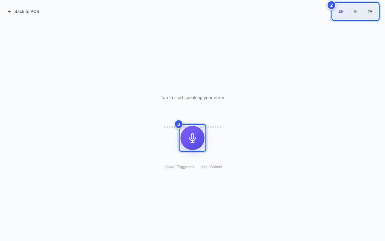 The voice page with the language buttons and the microphone button