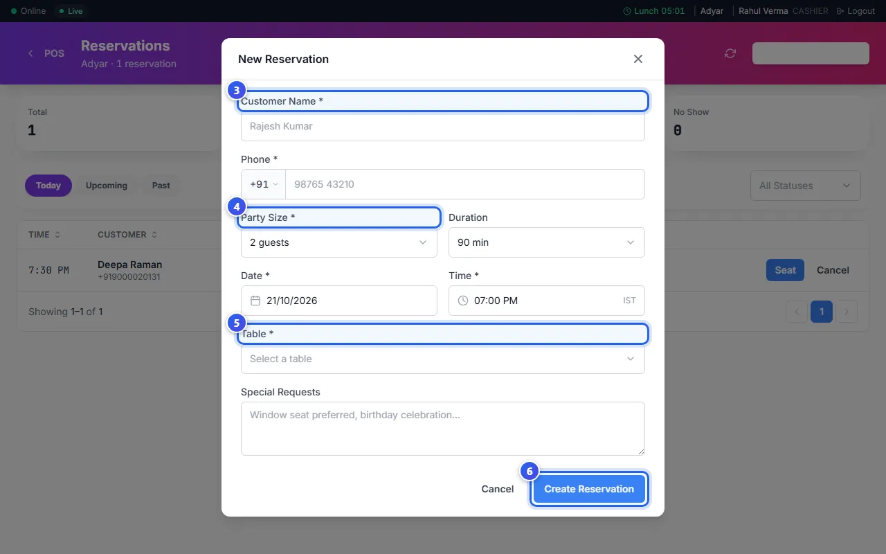 The New Reservation form at the till