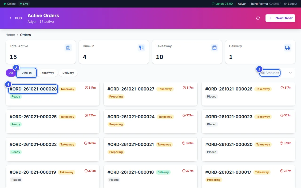 The Active Orders page with the order tabs and the status list