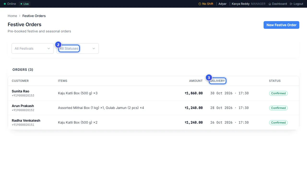 The Festive Orders page with three confirmed orders