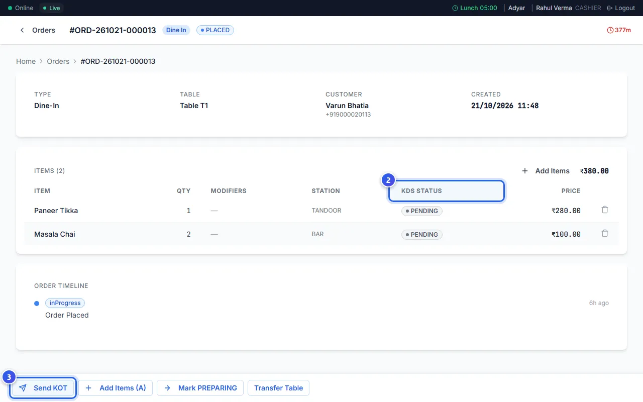 An order page with two PENDING dishes and the Send KOT button