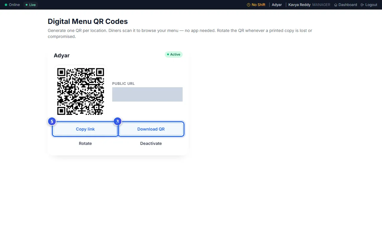 The Digital Menu QR Codes page with the QR code for Adyar