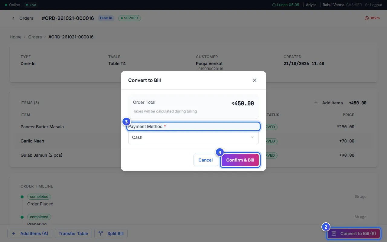 The Convert to Bill box with the order total and the Payment Method list